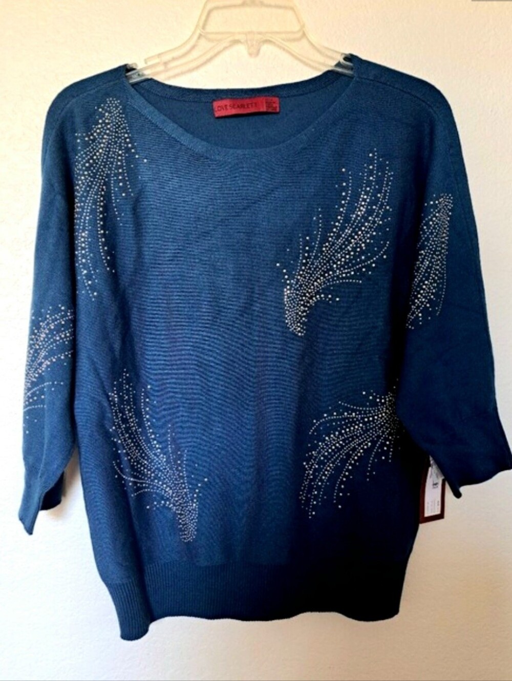 Blue Embellished Women's Top Love Scarlett 3/4 Sleeve Rayon Blend Scoop Neck